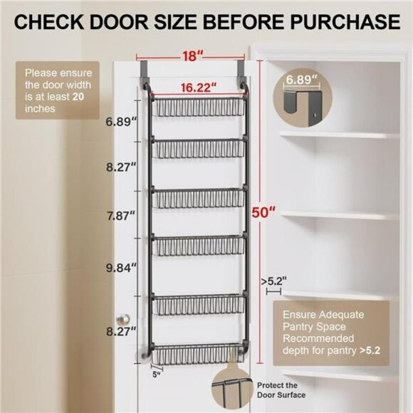Over the Door Metal Organizer 6 Tier Pantry Rack Kitchen Storage Shelves - Picture 2 of 7